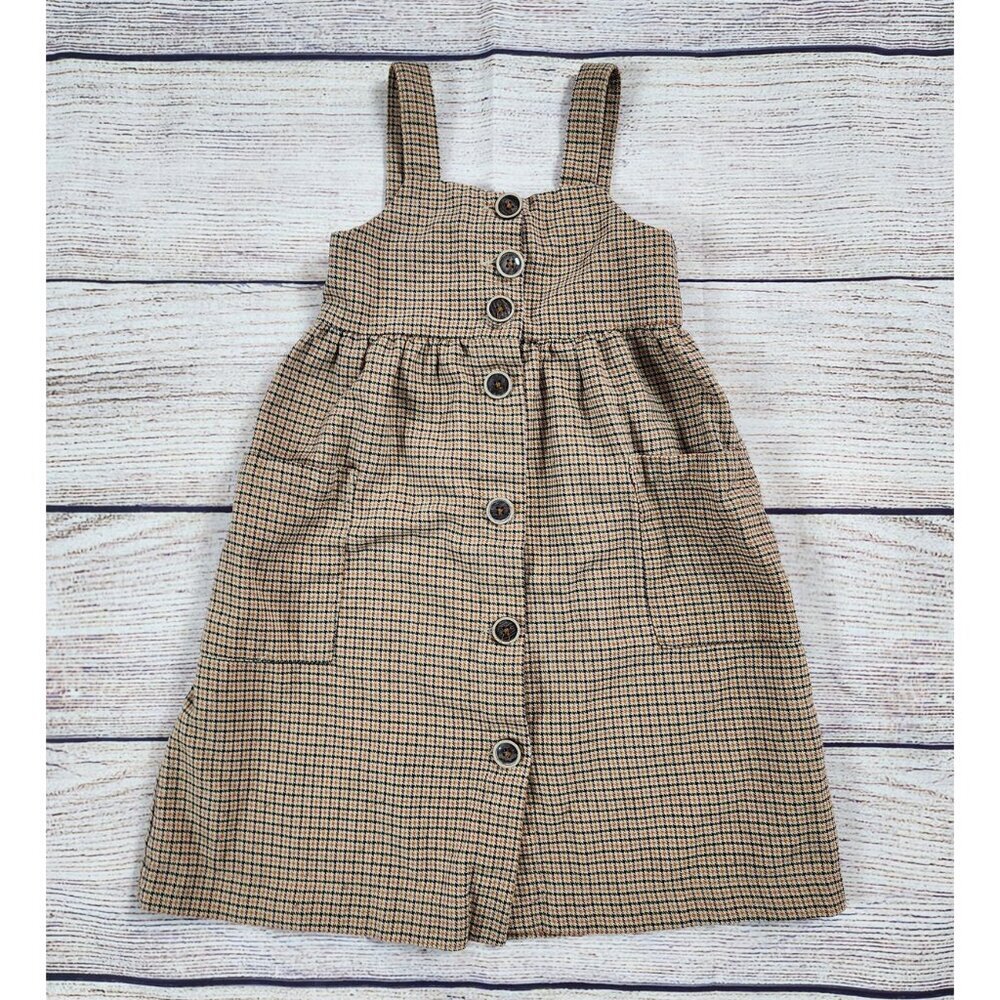Zara Kids Size 6 Hounds tooth Brown Button Down Tank Top Dress with Pockets